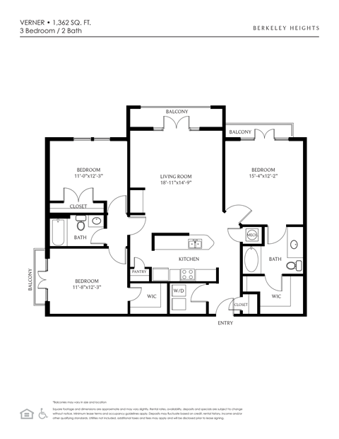 Floor plan for 3 beds, 2 baths, 1362 sqft
